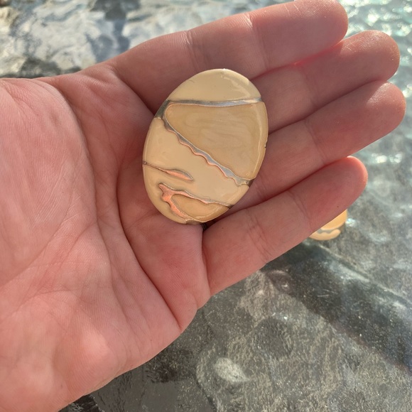 Large Oval Cream and Gold Painted Earrings - Picture 3 of 4